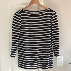 Tory Burch Navy and White Striped Boat Neck Tee